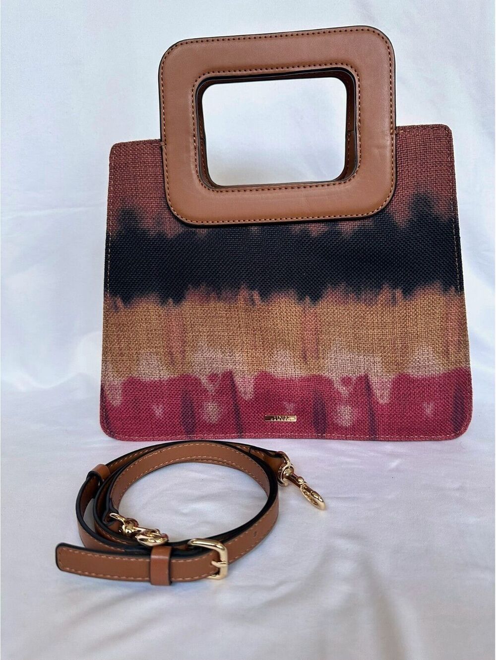 Vince Camuto Oriel Small Canvas Tote Crossbody Tie Dye Brown Red Black